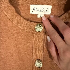 Marled Burnt Orange Knit Cardigan with Decorative Gold Buttons